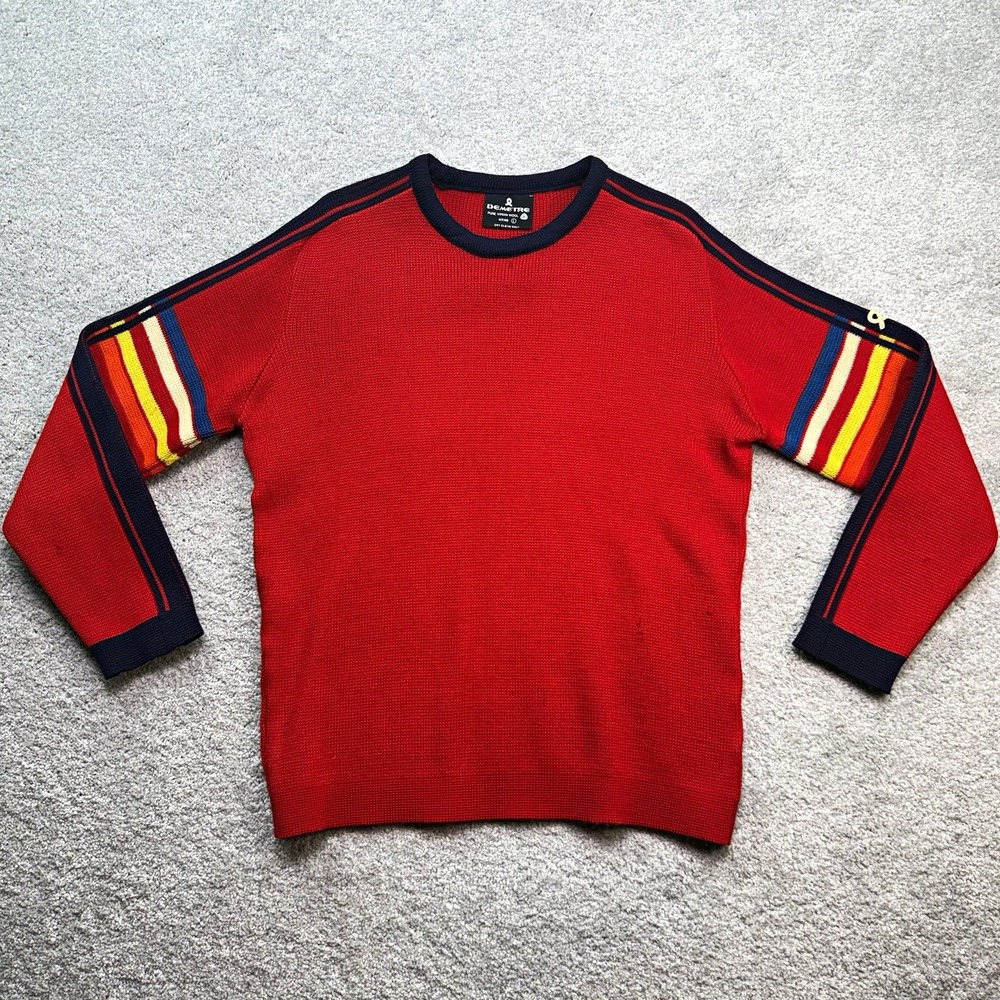 Vintage Demetre Pure Virgin Wool Ski Sweater Red Retro Sleeve Stripes Size L